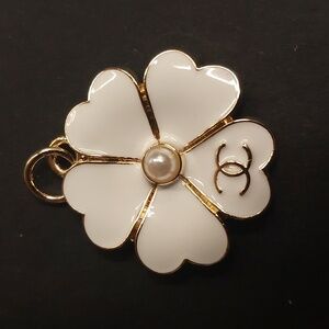 CC Logo White Enamel and Gold Clover Pendant Charm